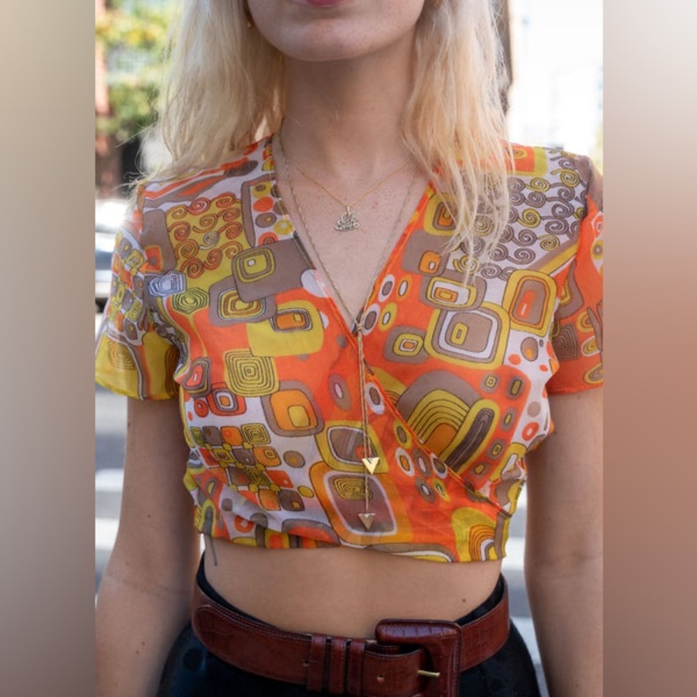 Girl of the earth SS Marylebone orange vintage fabric remnant 70s boho wrap top